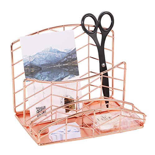 Simmer Stone Desk Organizer, 4 Compartments - Mail Sorter with 2 Accessory Storage Slots, Wire Desk Caddy for Desk Supplies and Accessories (Rose Gold)