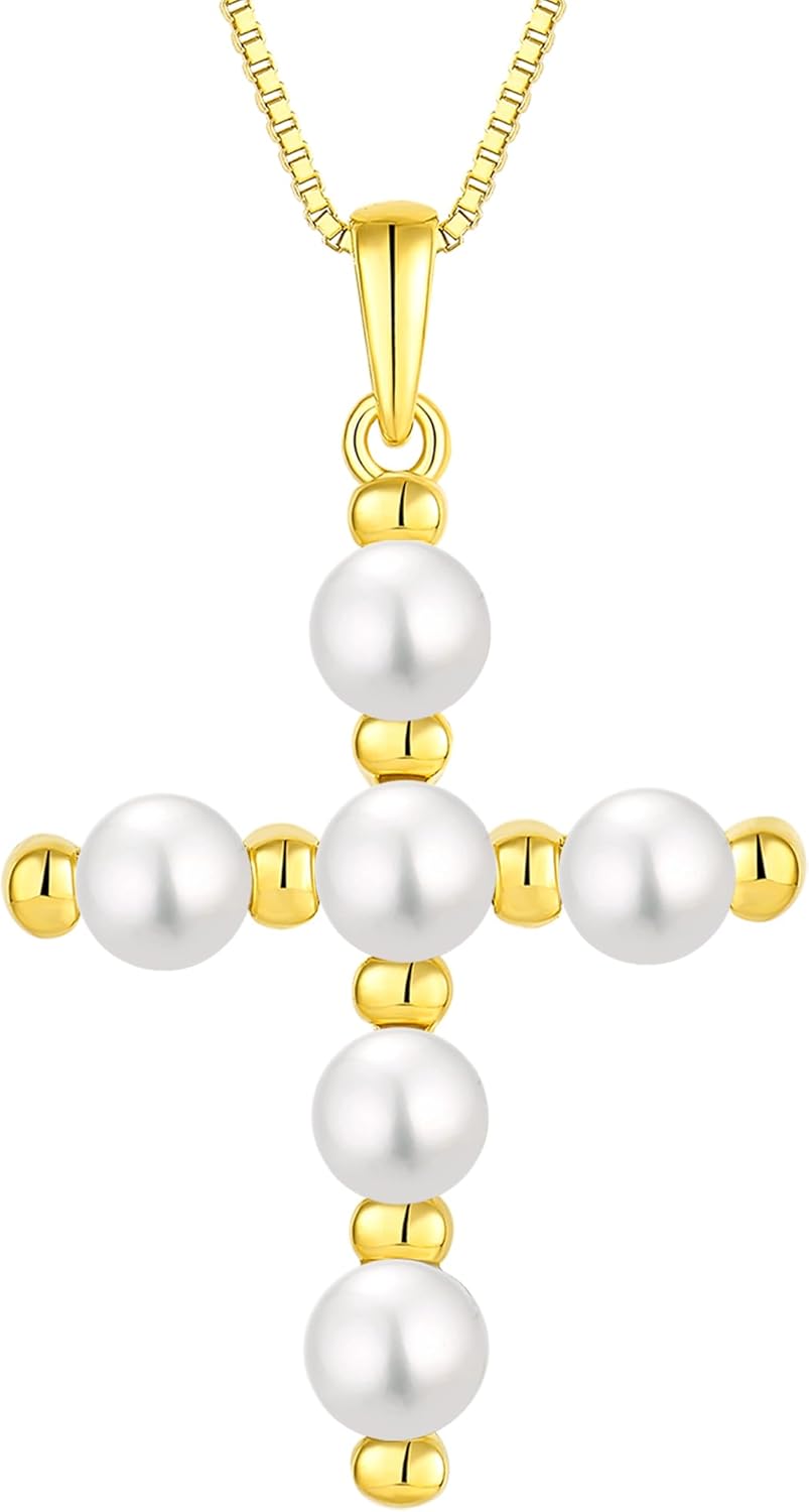YL Cross Necklace 925 Sterling Silver Halo Freshwater Pearls Pendant Polished Religious Jewelry for Women