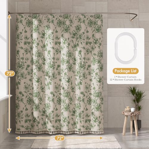 Image of AmazerBath Sage Green Floral Shower Curtain, Modern Farmhouse Shower Curtain Set with Tassels, Rustic Faux Linen Shower Curtain Washable with Hooks for Cottagecore Style, 72x72 Inches