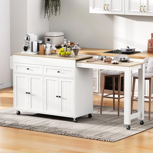 muenfly Îlot de Cuisine Mobile sur roulettes, Plan de Travail Extensible, Tiroirs Rangement, MDF Blanc & Naturel, 112-180,5x45x92,2 cm – Idéal Cuisine et Salle à Manger