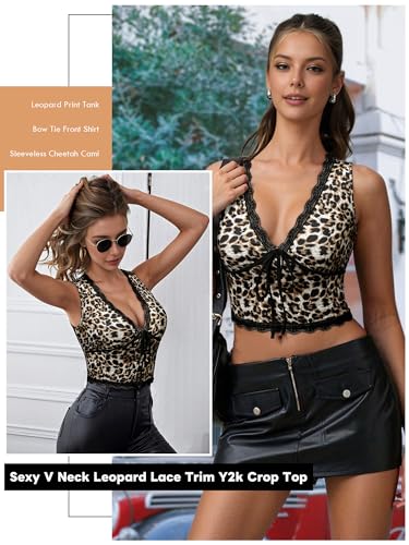 Womens Leopard Lace Trim Sexy Tank Tops Bow Tie Front Sleeveless Cheetah Print V Neck Tops Y2K Going Out Crop Top3