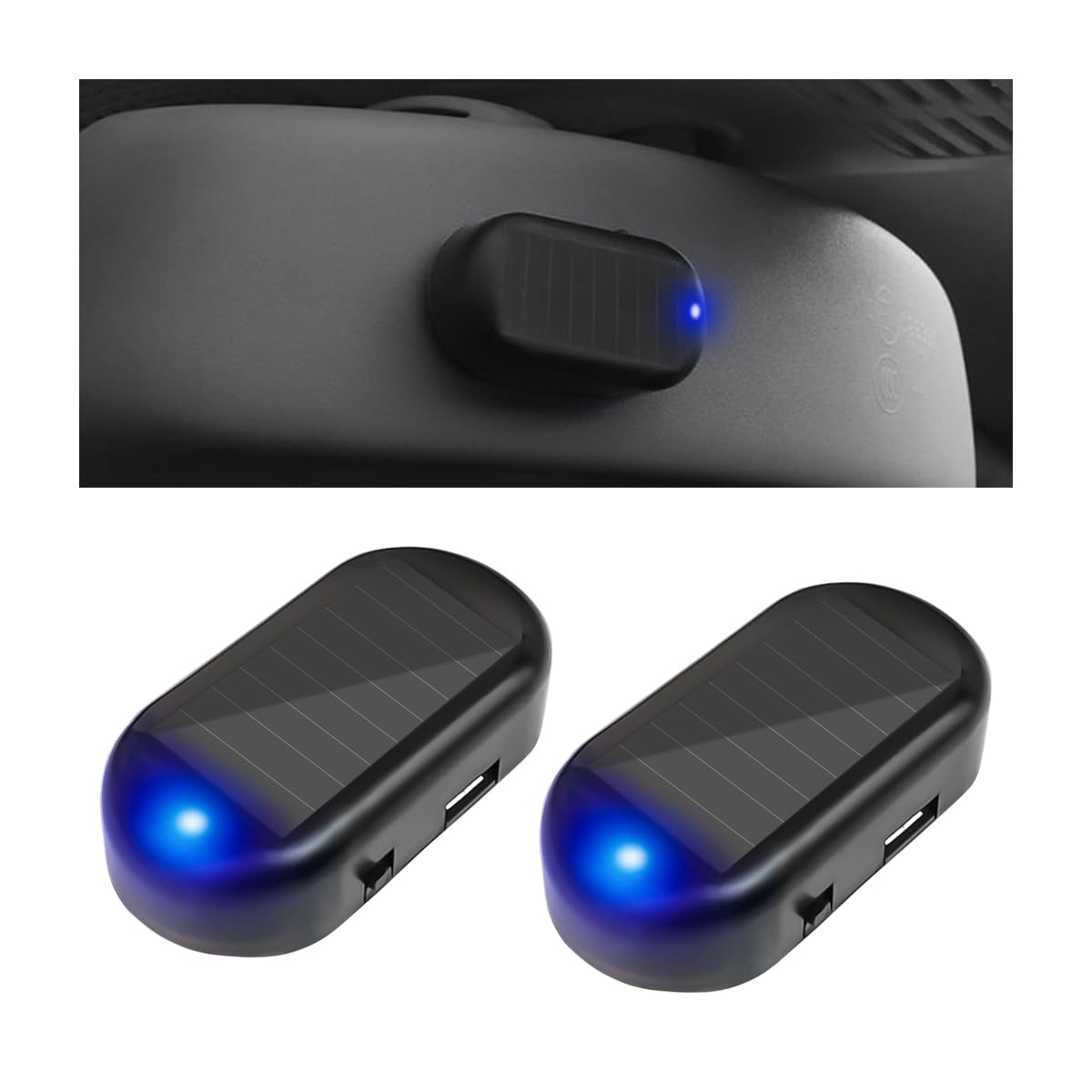 KHGUZ 2PCS Car Solar Power Simulated Dummy Alarms, Warning Anti-Theft Vehicle LED Flashing Security Light Fake Lamp with USB Charger Port, Auto Interior Accessories, Universal for Most Cars (Blue)