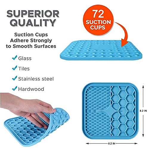 Dog Slow Feeder Lick Pad 8 x 8 inch, Strong Suction Silicone Dog Treat Mat, Peanut Butter Lick Mat With Spatula Scraper for Pet Bathing Grooming and Training(Blue) - Image 4