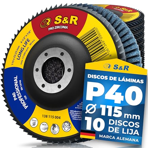 S&R 10 Disco de Láminas Abrasivos Amoladora 115mm Grano 40. Disco desbaste Metal, Acero Inox, Madera. Disco Lija Amoladora 115