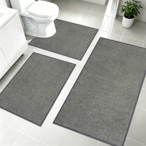 Image of Famibay 3 Piece Bath Mat Set, Non Slip Bathroom Rug Washable, Water Absorbent Bath Mats Toilet Mat for Bathroom Floor, Grey
