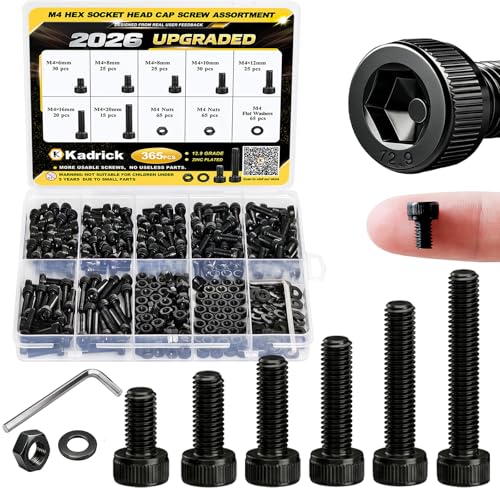 Image of Kadrick M4 Screws Kit 365PCS, Optimized Socket Head Cap Screws Assortment with Higher Screw Ratio, Class 12.9 Alloy Steel, Black Zinc Plated M4 Bolts for Mechanical, Repair & DIY Use