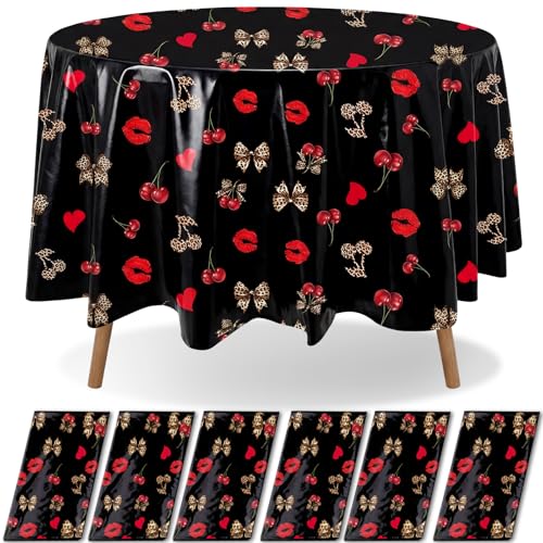 Image of Ganeen 6 Pcs Cheetah Cherry Plastic Tablecloth 84 Inch Red Black Leopard Round Tablecloths Birthday Decor Disposable Plastic Waterproof Table Covers for Weeding Tea Decoration Party Favor