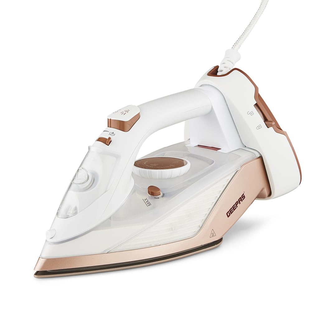 GEEPAS Steam Iron | Clothes Dry & Steam Press | 35s Fast Heat-Up Vertical Steaming | Ceramic Soleplate Adjustable Temperature Cordless | 300ml Tank 0.5g/Steam Output | 2 Year Warranty 2200W White