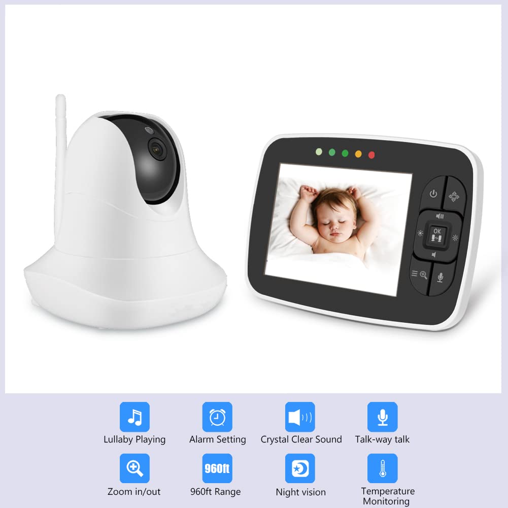 BW Baby Monitor Smart Baby Monitor da 3,5 pollici con telecomando Pan& Tilt & Zoom Camera, Audio bidirezionale, visione notturna, modalità VOX, monitoraggio della temperatura, ninne nanne, lungo