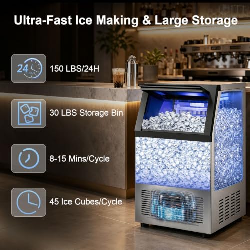 Image of 150lbs /24h Commercial Ice Maker, 30lbs Storage Bin, 2 Water Inlet