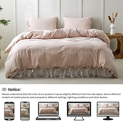 Biselina 100% Washed Cotton Duvet Cover Set 3Pcs With Bowknot Ties Strap Solid Color Linen Like Textured Durable Breathable Soft Comfy Chic Bedding (Queen, Pale Pink) #TOP5