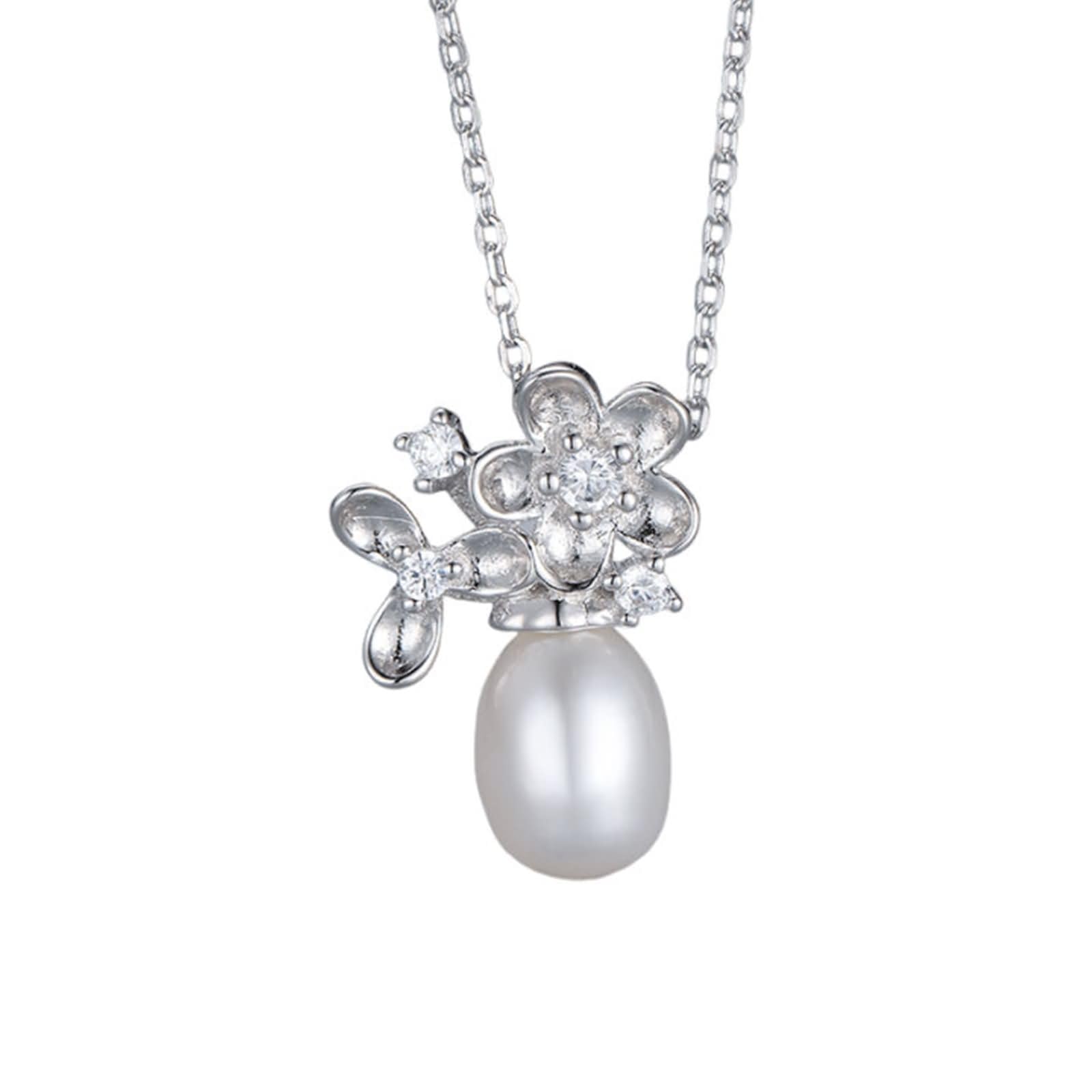 Donna Collana Argento,Catenella per Collana Argento Sterling 925 Donna Fiore e Perla 7x9MM Collana Argento