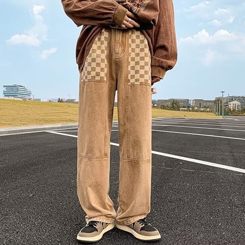 Maiyifu-GJ Men's Checkered Patchwork Jeans Wide Leg Retro Denim Pants Straight Leg Baggy Hip Hop Streetwear Jean Trousers3