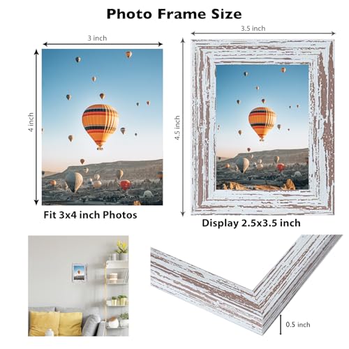 Image of JCJMY 3x4 Picture Frame Rustic White for Wall Hanging or Tabletop, Wall Mounting Horizontally or Vertically, 3 x 4 Wall Gallery Poster Photo Frame with Shatter Resistant Plexiglass, Rustic White