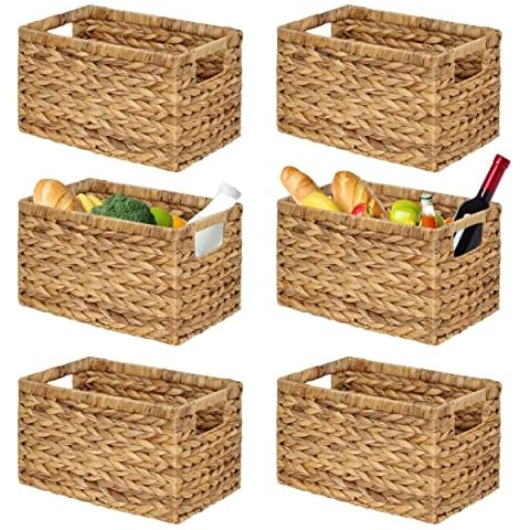 BARIEN Set of 6 Natural Water Hyacinth Woven Storage Baskets 12.6” x 8” x 7”, Rectangular Wicker Basket with Built-in Handles, Medium (Natural - Set of 6) Cover