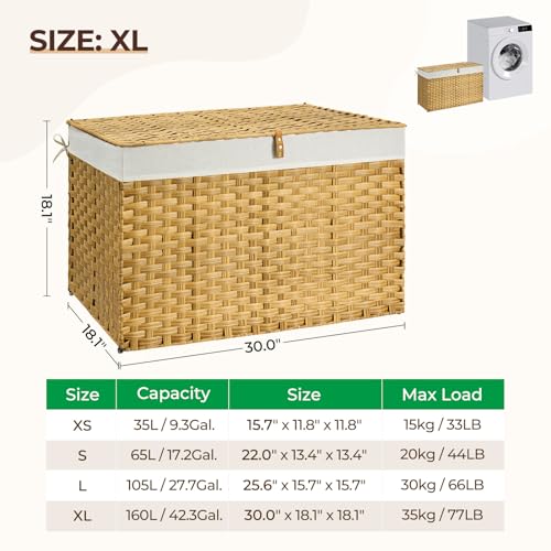 GREENSTELL Storage Basket with Lid, 42.3 Gallon(160L) Lagre Wicker Blanket Storage Basket with Handles, Foldable, 2 Removable Liner Bags, Metal Frame, for Bedroom, Laundry Room, Brown,30"*18.1"*18.1" by GREENSTELL - Image 8