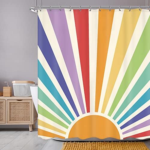 Newsely Boho Sun 70s Shower Curtain 60Wx72H Inch Retro Rainbow Cute Hippie Vintage Sunrise Sunset Colorful Abstract Shower Curtain Set Aesthetic Waterproof Bath Decoration Accessories Home Decor