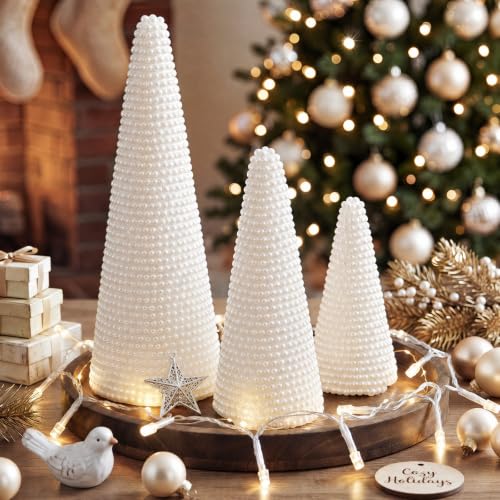 Leinuosen 3 Pcs Pearl Cone Trees Christmas Decor with LED by Leinuosen - Used condition - US$19.96