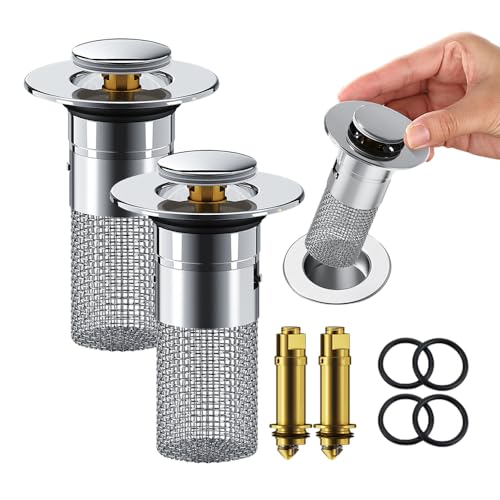 Bathroom Sink Stopper Hair Catcher, Bathroom Sink Drain Strainer, Pop Up Sink Drain Filter with Removable Stainless Steel Filter Basket Hair Catcher for US Bathroom Sink Stopper Replacement (2 PCS)