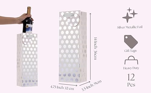 Miniatura 3 de UNIQOOO 12 bolsas de regalo de vino con lunares metálicos dorados y plateados de alta calidad, con etiqueta de masaje de regalo, papel 100%