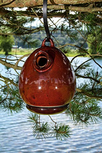 Byer Of Maine Alcyon Egg/Bottle Bird Home, Porcelain, Glaze Finish, Oxide Red, 7”X7”X9” #TOP6
