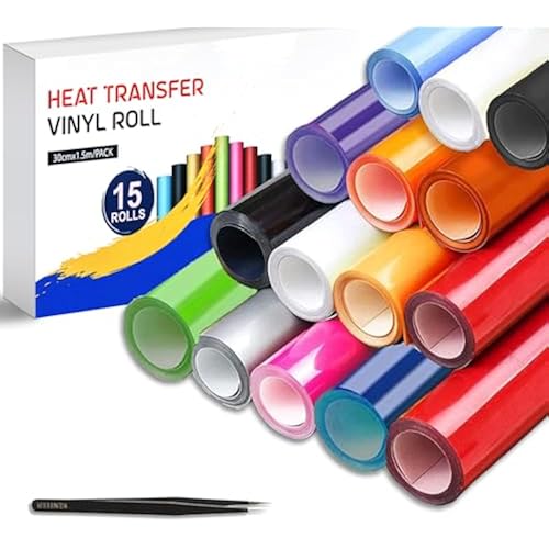 HTV Heat Transfer Vinyl Bundle (15 Pack) - 12" x 5ft HTV Vinyl Rolls for T-Shirts, Iron on Vinyl for Cricut Maker, Maker 3, Explore Air 2 All Cutter Machine - Easy to Cut & Weed for Heat Vinyl Design