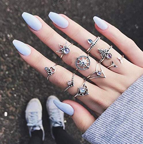 Crysly Boho Mid Knuckle Rings Silver Joint Finger Ring Moon Crystal Stacking Rings Set for Women and Girls (9PCS)