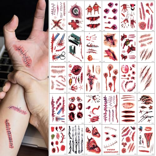 ZYEKIU 30 Piezas Zombie Vampiro Tatuajes Temporales Niños, Realista Horror Heridas Tatuajes Personalizados, Tattoo para Fiesta de Halloween Sangre Falsa, para Partido de Halloween Prop y Cosplay