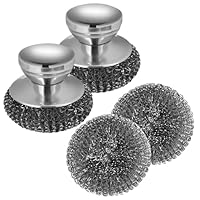 2 Stück Edelstahl-Schrubber mit 2 Ersatz-Stahlwolle-Pads, Edelstahl-Schrubber für Geschirr mit Edelstahlgriff, Stahlwolle-Schrubber zum Reinigen von Geschirr, Töpfen, Pfannen, Grillplatten und Grills