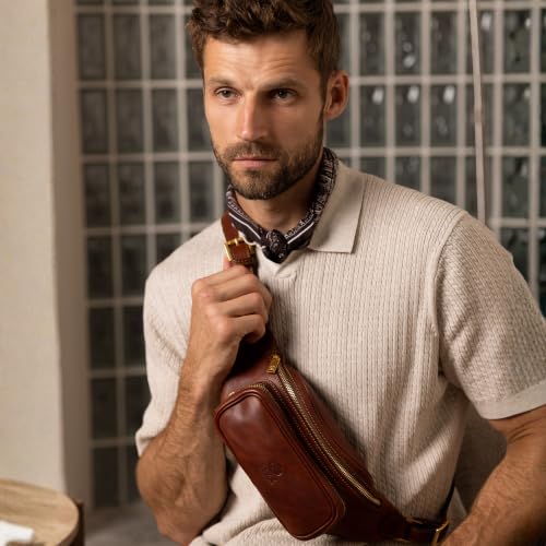 Image of Time Resistance Leather Waist Pack - Belly Bag, Belt Bag, Fanny Pack - Handmade in Italy (Cognac Brown)
