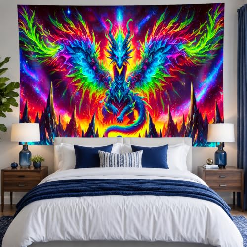 Image of BlissYard Blacklight Dragon Tapestry 78x59 Inch UV Reactive Colorful Dragon Wall Cool Evil-Dragon Tapestry Glow In The Dark Black Light Posters Wall Hanging Bedroom Dorm Living Room Backdrop Decor