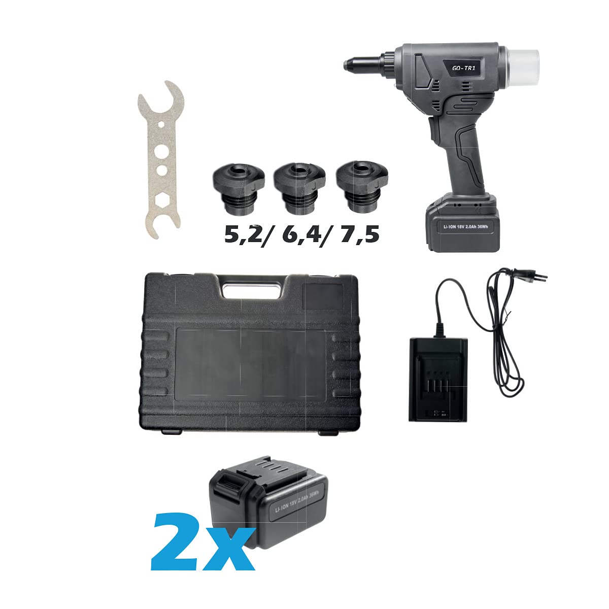 GOEBEL® - Akku Nieter Blindnietgerät Nietgerät GO-TR1 Presslaschen Blindnieten Setzwerkzeug - Aluminium ø 5,2/6,4/7,5 mm Akkunieter Blindnietpistole Blindnietsetzgerät Nieten Nietmaschine