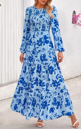 Image of PRETTYGARDEN Women's Fall Dresses 2026 Long Sleeve Flowy Casual Floral Maxi Dress Crew Neck Smocked Tiered Long Dress