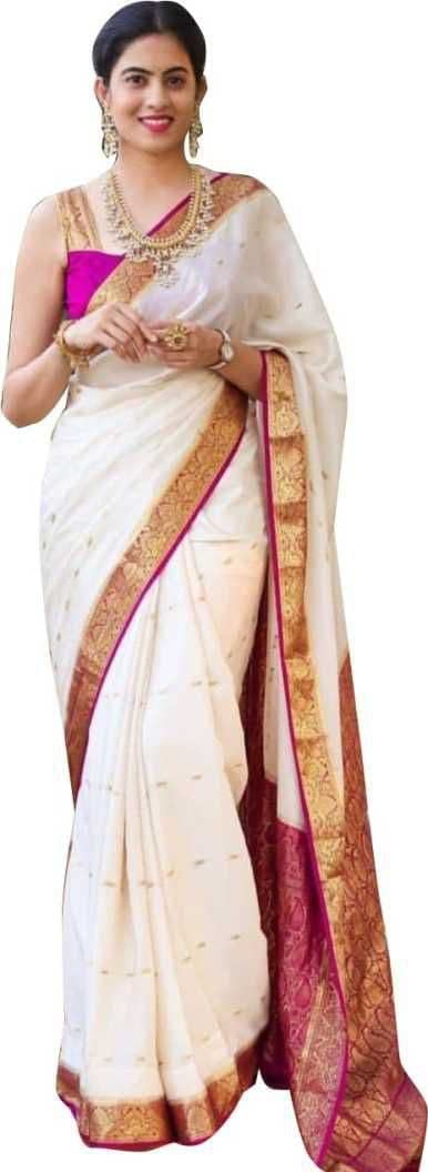 ZECVA Banarasi Kanjivaram Soft Lichi Silk Traditional Saree With Unstitched Woven Blouse Piece | White Pink