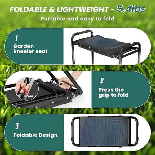VOPEAK Garden Kneeler and Seat Heavy Duty, Foldable Garden Stool with Upgraded Widened Thick Kneeling Pad, Stable Garden Kneeler with 2 Large Tool Bags, Gardening Gifts for Women, Men, Seniors, Green