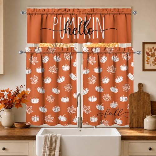 Image of Fall Pumpkin Kitchen Curtains 3 Piece Set Tier Valance | Thanksgiving Orange Kitchen Curtain Set Includes 54x18in Valance and Two 27.5x36in Tier Curtains for Kitchen Window Decor