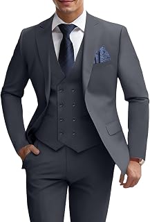 Mens 3 Piece Slim Fit Suit Set, Double Breasted Blazer Vest Pants Business Tuxedo Dress
