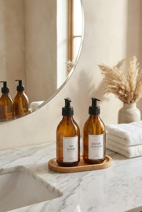 Orret Home 2’li Cam Sabunluk Seti – Bambu Altlıklı Şık Standlı Sıvı Sabunluk | Mutfak ve Banyo İçin Modern Cam Dispenser