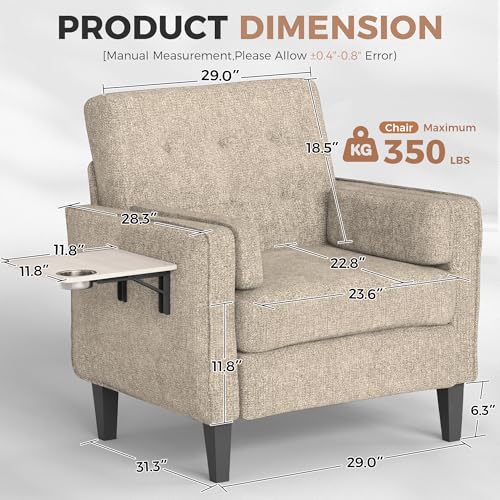 Image of Chenille Accent Chair, Mid Century Modern Arm Chair with Foldable Wooden Side Table & Cup Holder - Comfy Reading Chair for Bedroom,Living Room Chairs,Single Sofa Chair,Beige