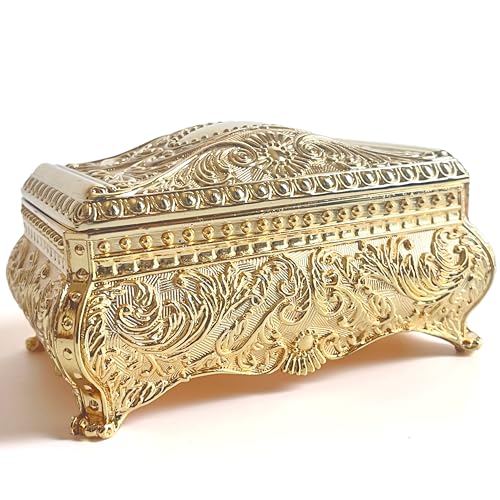 SIWOT Rectangular Classical Patterned Jewelry Box Metal Retro European Scroll Design Treasure Storage Chest Case for Girls Women (Golden Medium)