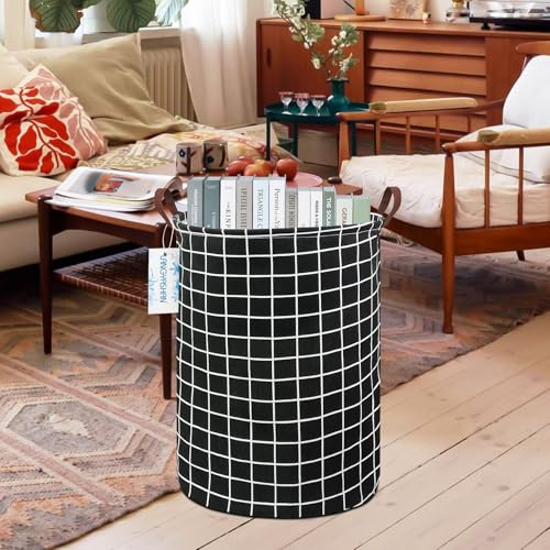 Image of Laundry Basket Canvas Fabric Collapsible Organizer Basket for Storage Bin Toy Bins Gift Baskets Bedroom Clothes Children Nursery Hamper (Black Grid)