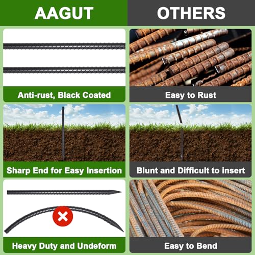 AAGUT 16 Inch Rebar Stakes Heavy Duty 16 Pack 3/8\" Diameter Landscape Timber Spikes, Straight Stakes with Chisel Point End, Ground Anchors for Camping Tent, Garden Plant Support, Concrete, Black