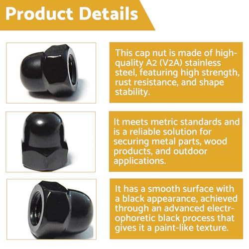 QANCEN 10 stück Hutmuttern M8 Edelstahl A2 V2A Mutter Schwarz, Hohe Form DIN 1587 Sechskant Kappenmuttern für Schrauben, Gewindebolzen, Gewindestangen