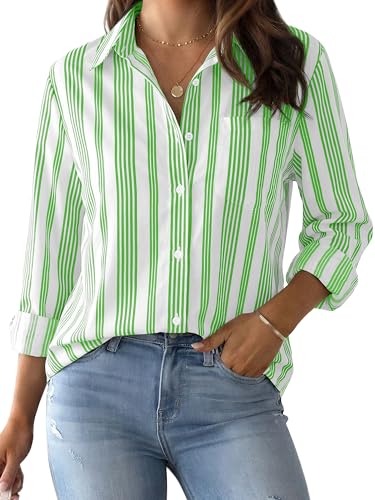 CUNLIN Women's Green and White Striped Button Up Blouse, Work, Lime,XL