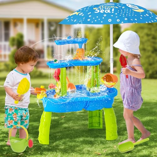 【2024 Newest】Water Table for Toddlers 1-3 3-5, 3-Tier Kids Water Table with Umbrella Splash Pond, Outdoor Toys Sand and Water Table for Age 3+ Boys Girls, 20PCS Activity Sensory Water Toy Accessories - Thumbnail 5