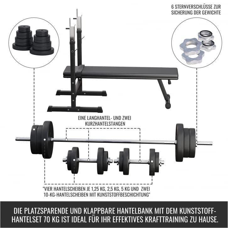 Gorilla Sports® halterbank met lange halterset 38 kg / 70 kg kunststof 30/31 mm – trainingsbank met legplank, lange halters, korte halters, gewichten en stersluitingen - Image 7