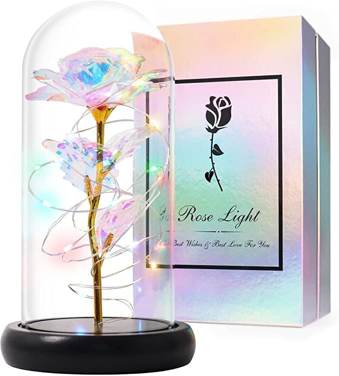Colorful Glass Rose Flower Gift Birthday Gifts for Women, Christmas Romantic Gifts, Galaxy Flower Light up Rose Light, Mothers Day Unique Gifts for Mom Wife Grandma, Valentines Day Gifts for Her