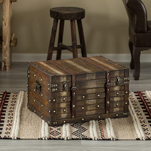 Vintiquewise QI004334.L Wooden Brown Storage Trunk With Faux Leather Straps And Handles, Large thumb #6