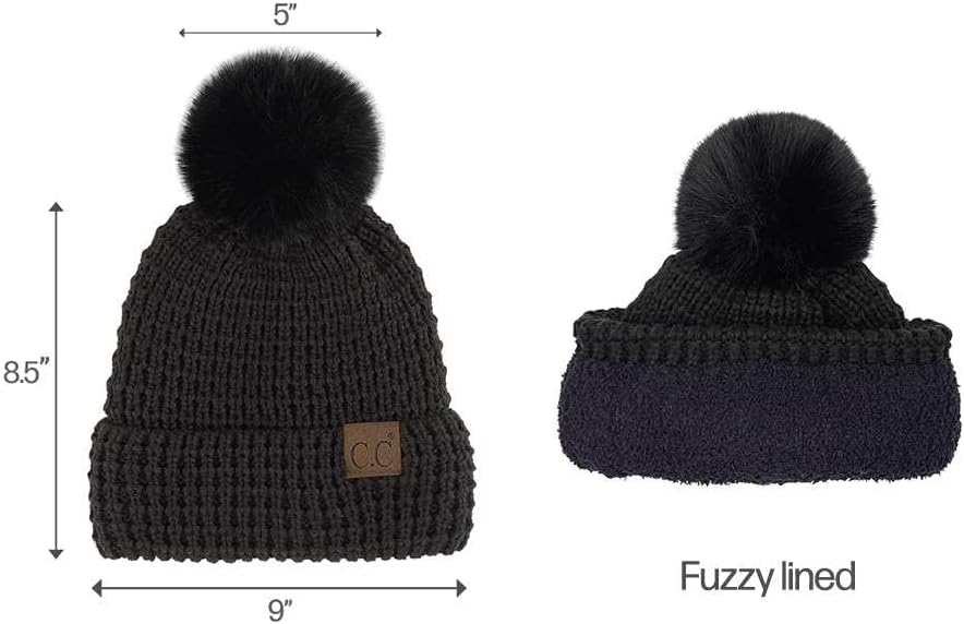 C.C Women Waffle Knit Fuzzy Sherpa Lined Pom Beanie & Mitten Winter Gloves Set - Image 4