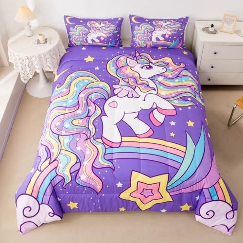 Feelyou Unicorn Comforter Set Unicorn Glitter Bedding Set Girls Cute Unicorn Comforter Rainbow Quilted Duvet Set for Kids Girls Microfiber Twin